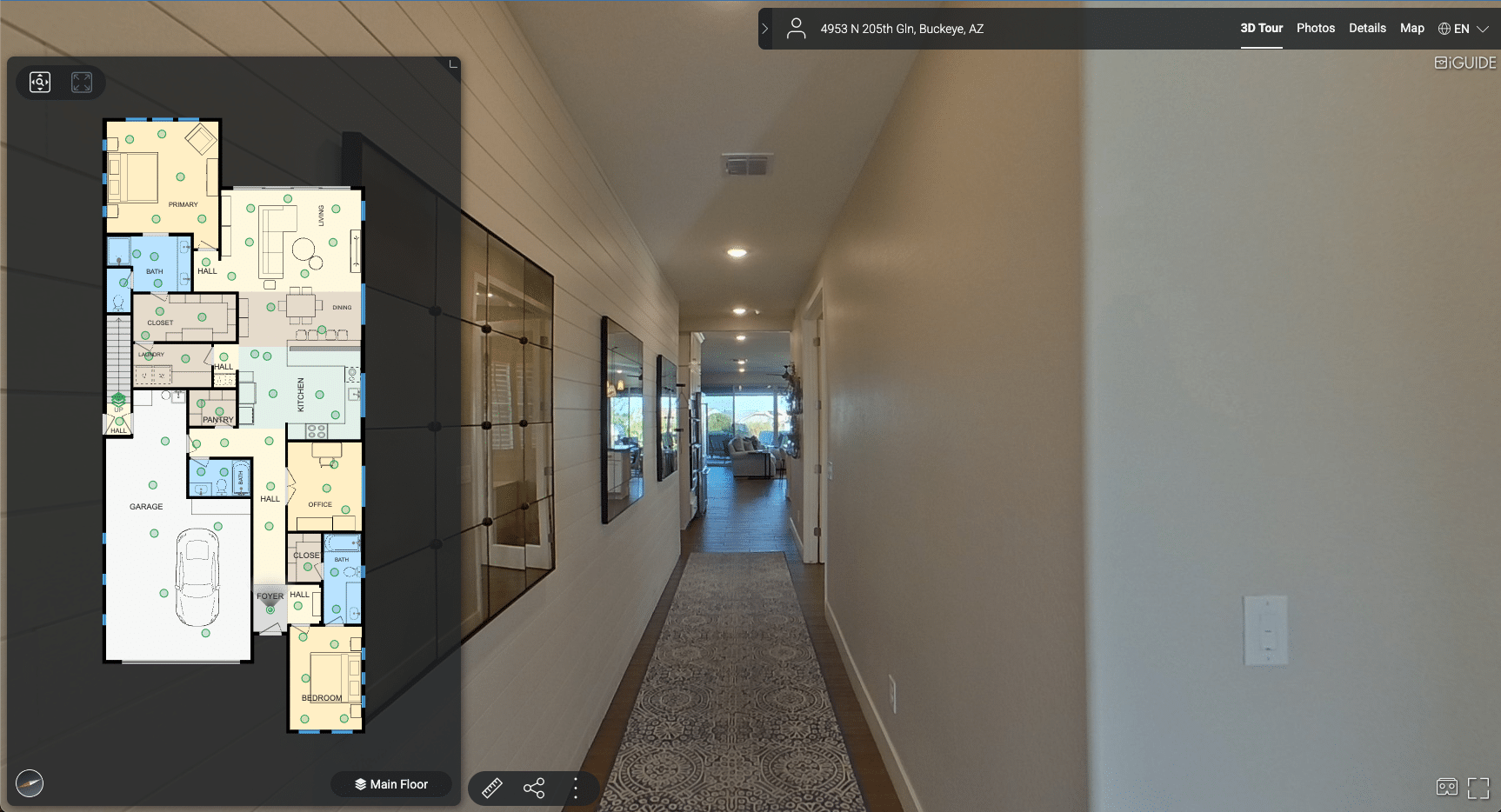 3D virtual tour interface displaying a detailed floor plan alongside a hallway leading to a living area, emphasizing immersive real estate exploration and property layout.