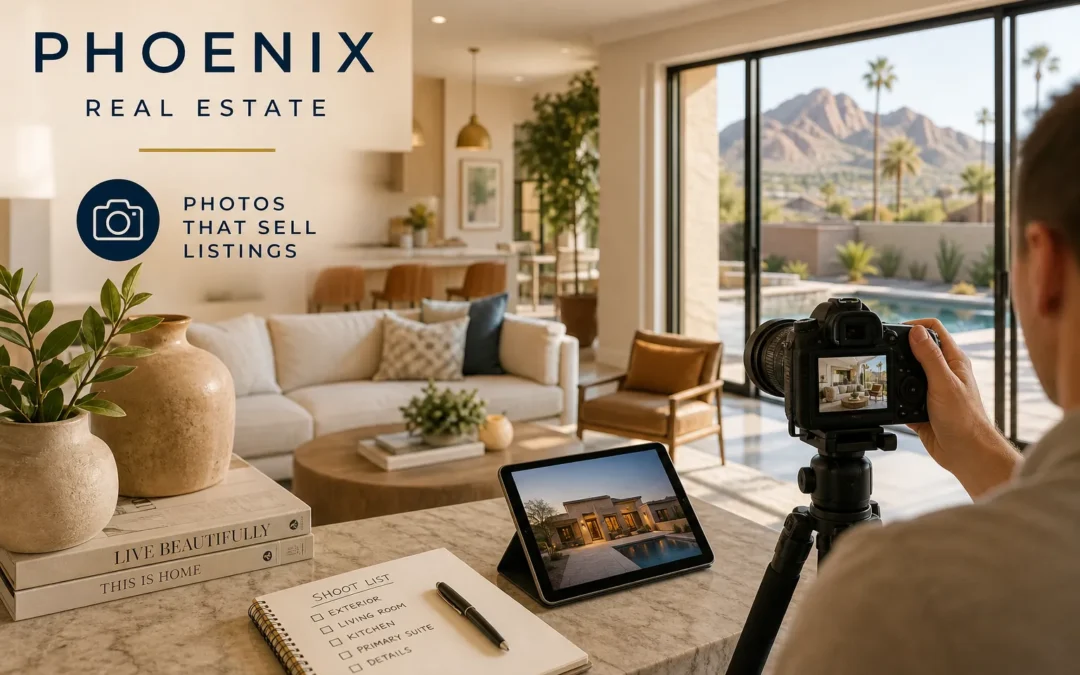 Real estate photographer capturing a Phoenix living room with mountain and pool views, guide to real estate photography in Phoenix